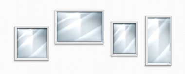 Glass mirror texture with frame and reflection. 3d realistic clear gloss panel effect for window isolated mockup. Crystal surface reflect light interior board icon set. Silver border illustration clipart