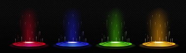 Hologram efekti ışık portalı dijital podyum oyunu. 3D mavi sihirli ışınlama platformu halka ve kirişli. Fantezi vr kayak sahnesi arayüzü tasarımı. Neon lazerli siber seviye temel element