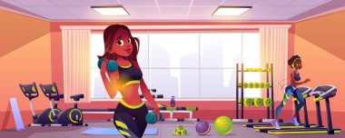 Spor salonunda egzersiz illüstrasyonu için zinde bir zenci kadın. İnsanlar sağlıklı vücut için atlet stüdyosunda kardiyo antrenmanı ve dambıl aerobiği yapıyorlar. Spor giyimli genç, zayıf bayan koşucu.