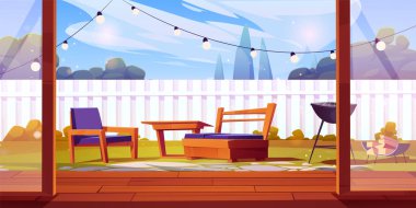 Çit karikatür vektörlü bahçe evi. Modern apartman ortamında BBC, masa ve ahşap zeminli açık hava verandası. Güneşli bir günde barbekü arka bahçe tasarım sahnesi illüstrasyonu