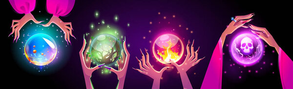 Magic crystal fortune ball float in woman hand. Glass prediction globe and future predict teller cartoon icon illustration. Gypsy divination wizard and seer. Mystic charm glow with skull and fire