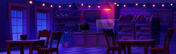 Ночная Пекарня Интерьер Магазина Встречным Фоном Мультфильма Светящаяся Лампа Кафе — стоковый вектор