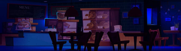 Bakery shop interior closed at night. Cartoon vector illustration of store with bread and sweet pastries in showcases in dark. Cash register, tables and chairs, desserts and buns at nighttime.