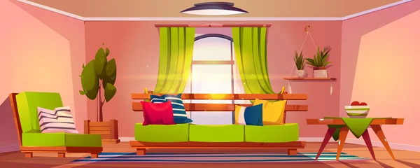 客厅的内部充满了阳光与绿色家具 沙发和扶手椅与枕头 大窗户与窗帘和各种植物的壶 卡通矢量舒适空荡荡的家里面 — 图库矢量图片