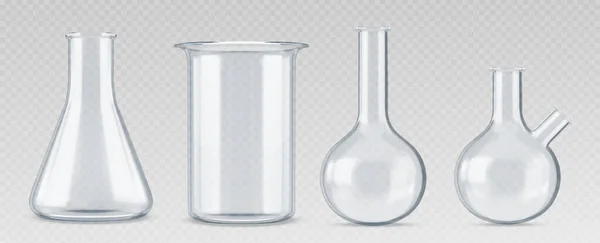3D化学实验室玻璃科学测试瓶 现实的实验室烧杯设备 化学玻璃器皿管隔离向量集 用于科学实验的空气缸测量容器 — 图库矢量图片
