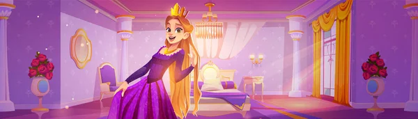 王妃在皇宫紫色卧室卡通片里面 中古时代的城堡房间里有床上 窗上的金色窗帘和玫瑰花 巴洛克女性豪华住宅公寓插图 — 图库矢量图片