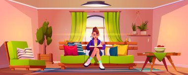 Oturma odasında kitap okuyan genç bir kadın. Kanepede dinlenen kadın karakterin vektör çizimi, yeşil koltuk ve yerde çizgili halı, pencerelerde perdeler, raflarda saksılar