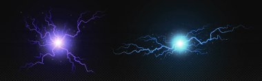 Yıldırım dairesi patlaması etkisi olan gerçekçi bir elektrik topu. Mavi ve mor enerji flaşı ya da gök gürültülü fırtına ışığı. Fişekli ve alevli elektrik güç plazmasının vektör illüstrasyonu.