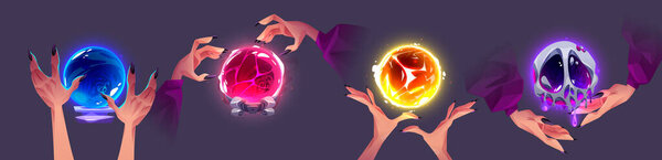 Magic fortune ball in witch hands - cartoon vector illustration set. Female arms with long nails work magic over glowing mystical spheres with power to predict future. Wizard fantasy luminous crystal.