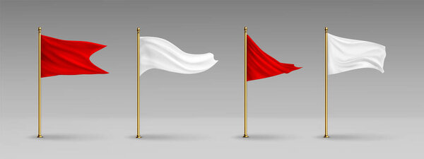 White 3d empty pole flag vector mockup template. Isolated realistic fabric stand with wave wind and gold metal pillar for sport promo and advertising illustration. Red pennant canvas waving on stick