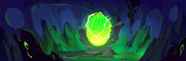 Yeşil gölü olan mağaradaki sihirli taş kapı. Dağdaki zehirli maddenin vektör çizimi, kayalık duvarlar arasında parlayan neon kristalli fantezi portalı, macera oyunu arka planı