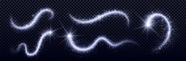 Işık efektli beyaz sihirli toz, vektör seti. Peri parıltısı kıvılcım saçıyor. Fantezi gümüş büyücü sihirli değnek izi. Işıldayan tozla buz izi. Kar parıltısı dalga illüstrasyonu