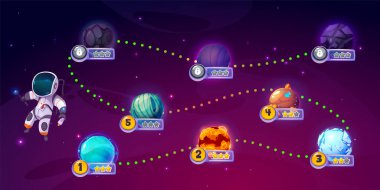 Astronot macerası oyun haritası. Yıldızlı uzay arkaplanının vektör çizimi, fantezi yabancı gezegenler arasındaki seyahat rotası, puan yıldızları ve kilit simgeleri, uygulama kullanıcı arayüzü tasarımı