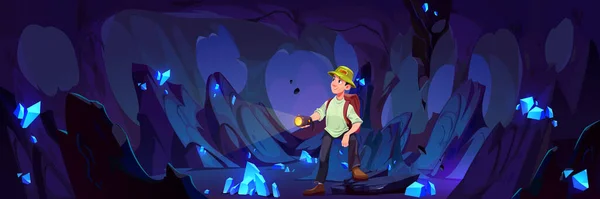 Man Looking Crystal Treasure Mine Cave Cartoon Background Male Character — Stock Vector