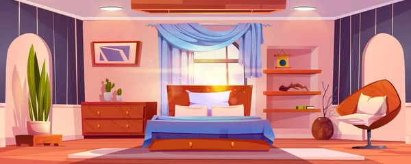 家具付きのホテルの寝室のインテリア ツインベッド アームチェア 引き出しにカクタス 壁に抽象的な絵 大きな窓の青いカーテン 棚に予約するライトルームのベクトル漫画イラスト — ストックベクタ