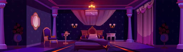 夜晚公主城堡卧室的内部背景 椅子和床头柜家具在漂亮的睡房卡通画中 古董豪华皇家女王公寓装饰 — 图库矢量图片