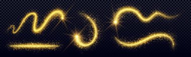Yıldız parıltısı vektör izi efektli sihirli altın parıltı tozu. Altın peri ışığı ve yıldız tozu soyut girdap dokusu. Parlak parçacık spreyli parlak lüks sarı kuyruk. Kuyrukluyıldız düşüyor.