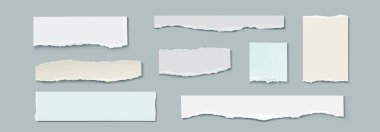 Yırtık kağıt şeritleri - kare ve dikdörtgen kenarlı yırtık kenarlı gerçekçi vektör resimleme seti. Metin çerçevesi veya kenar çizgisi için defter sayfaları veya karton kağıtlar.