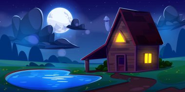 Geceleri gölün kıyısındaki ahşap kulübe. Çizgi film akşam manzarası. Pencerelerden gelen ışık, ufukta orman ve bulutlu gökyüzü ve dolunay olan ahşap ev. Su birikintisi yakınında huzurlu bir dağ evi ya da kulübe.