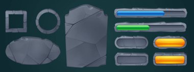 Taş çerçeve ve taş masa oyunu karikatür vektörü. Ortaçağ plaketi ve ilerleme çubuğu tasarım şablonu yükleniyor. Çatlak desenli menü için izole tabela bloğu. Gui boş bilgi plaka seti