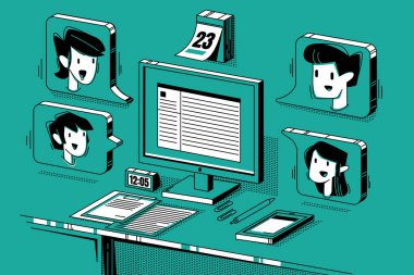 Laptop ve online sohbet vektör illüstrasyonunun Isometric web sitesi tasarımı. Kabarcık konuşmalı dijital web sitesi grafik simgesi ve takvim yakınında erkek avatarı. Masada internet toplantısı için düz iş yeri