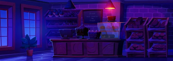 Night Bakery Shop Interior Furniture Vector Cartoon Illustration Dark Cafe — Stock Vector