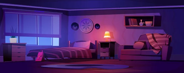 Nacht Schlafzimmer Interieur Mit Bett Und Couch Cartoon Hintergrund Gemütliches — Stockvektor