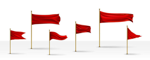 Set of red silk flags on golden poles isolated on white background. Vector realistic illustration of triangular and rectangular fabric banners flying in wind, map marker, victory banner, start sign