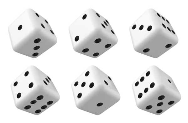 玩3D孤立的白色赌场游戏骰子向量 现实的滚动模具赌博立方体对象集 幸运滚动的机会与3 和1对象侧图 冒险维加斯双陆棋的机会 — 图库矢量图片