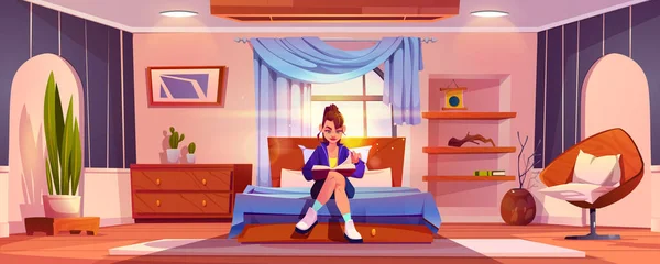 Chica Joven Sentada Cama Libro Lectura Dormitorio Interior Casa Dibujos — Vector de stock