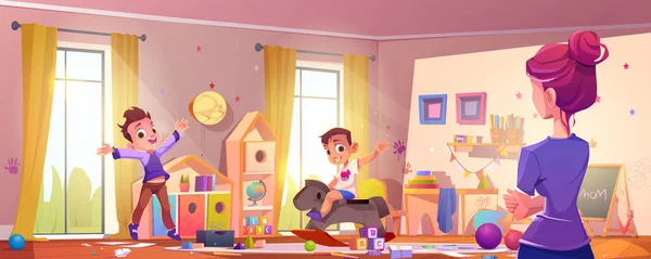 Mutter Und Kinder Chaotischen Kinderzimmer Cartoon Vektor Kinder Spielen Spielzeug — Stockvektor