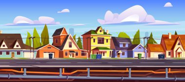 Yeraltı boru hattı sistemi olan bir kasaba caddesi. Kenar mahallelerin, özel evlerin, yol kenarındaki garajların, asfaltın altındaki su ve drenaj borularının vektör çizimi, kamu hizmetleri