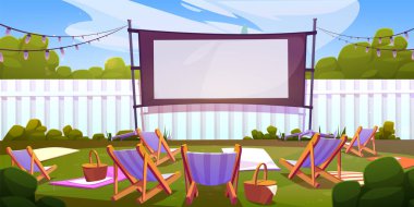 Yaz parkındaki açık hava sineması. Boş yüzeyi, şezlongları ve arka bahçedeki piknik sepetleri, beyaz çitler, açık hava festivali, hafta sonu gevşemesi olan büyük film ekranının vektör çizimi.