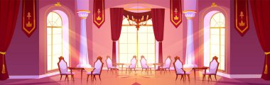 Kraliyet Sarayı 'nda yemek odası. Geniş restoran salonunun vektör karikatür çizimi, eski ahşap masa ve sandalyeler, tavanda altın amblemi olan kırmızı bez pankartlar, büyük Victoria tarzı pencereler.