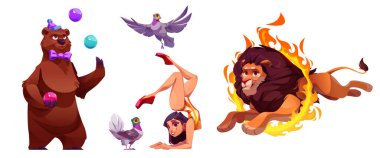 Karnaval akrobatı, aslan, ayı sirk vektör çizimi. Kız karakter izole edilmiş ikon setli şirin hayvan gösterisi eğlencesi. Sanatçı ve egzotik safari sanatçısıyla festival eğlencesi gösterisi