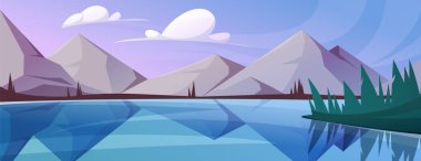 Göl, nehir ve köknar ağaçları olan dağlar. Göl ve tepelerin kıyısında ladin olan karikatür vektör manzarası. Sakin panoramik manzara mavi su ve gökyüzü bulutlu, ufukta kayalar.