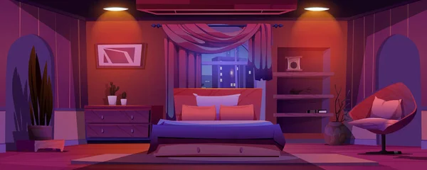 Nachtschlafzimmer Mit Fenster Und Stadtbild Cartoon Hintergrund Gemütliche Schlafzimmereinrichtung Hause — Stockvektor