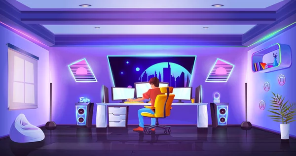 Videospieler Teen Neon Raum Interieur Vektor Cartoon Hintergrund Junge Streamen — Stockvektor