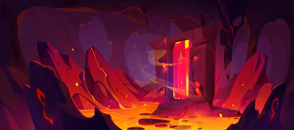 神奇的石门和火山内部的熔岩火热橙色物质在岩石墙壁之间流动的矢量卡通画 奇幻门周围燃烧的岩浆进入地狱 冒险游戏背景 — 图库矢量图片