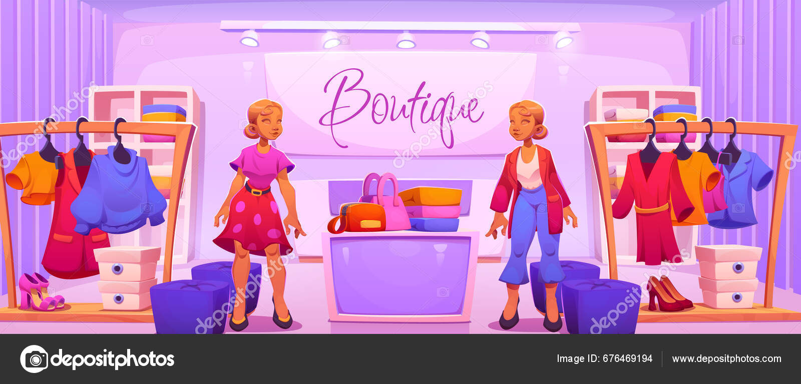 Fashion Boutique Interior Design Vector Cartoon Illustration Showroom