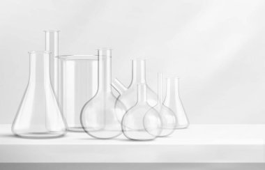 Laboratuvar masasında 3 boyutlu cam kimya şişesi. Bilimsel test için gerçekçi laboratuvar matarası ekipmanı. Araştırma deneyi için kimyasal ölçü şişesi. Berrak erlenmeyer ile biyoteknoloji bileşimi