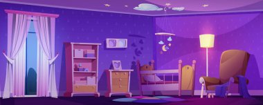 Geceleri çocuk karyolası olan bir kreş. Akşamları bebek odasının karikatür vektör çizimi. Yatak ve anne koltuğu, yıldız ve bulutların beşiği, lambadan gelen ışık. Mobilyalı yeni doğan yatak odası.