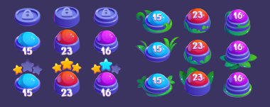 Arka planda izole edilmiş oyun haritası düğmeleri. Renklerle işaretlenmiş, yeşil bitkilerle süslenmiş, mobil uygulama tasarım elementleri ve kilit, yıldız simgeleri ile seviye göstergelerinin vektör karikatür çizimi