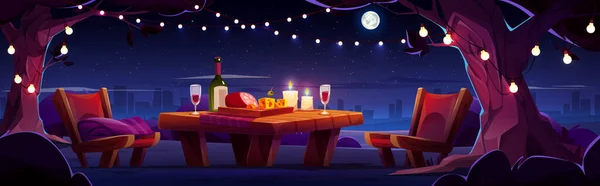 Романтический Пикник Городском Парке Столами Векторными Иллюстрациями Ужин Открытом Воздухе — стоковый вектор