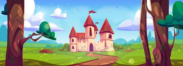 绿色夏季风景上的中世纪城堡 童话王国的矢量卡通画 石塔顶上挂着国旗的王宫 草地和花朵的幻想 空中飞翔的鸟儿 — 图库矢量图片