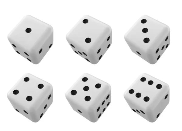 骰子3D 现实矢量白色立方体与不同数量的点从1到6的赌场游戏或赌博概念 六面八方死亡 扑克和双陆棋掉落垃圾来碰碰运气 — 图库矢量图片