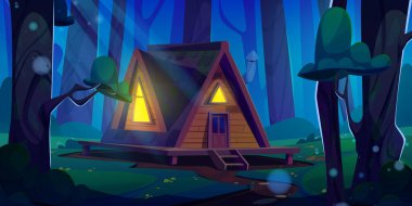 Gece ormanı vektör arka planında ahşap eve giden yol. Cadı kulübesi olan peri masalı doğa çizimi. Sihirli ağaçlar diyarındaki kulübenin fantezi cadılar bayramı oyun tasarımı. 3D ürkütücü gizemli sahne