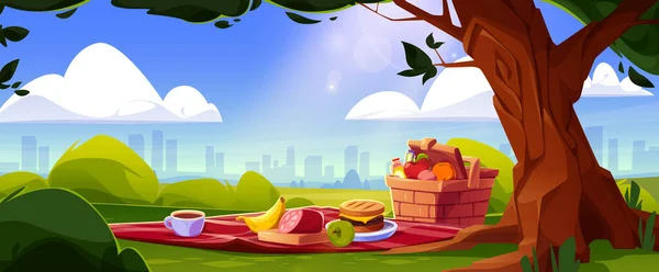 Picnic basket in city park near tree cartoon background. Outdoor summer party with cheeseburger, banana, apple, sausage and bottle. Nature sunlight in urban scene with takeaway meal for recreation