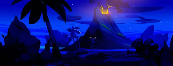 Vulkanausbruch Und Lava Cartoon Landschaft Vektor Nacht Hintergrund Vulkanausbruch Mit — Stockvektor