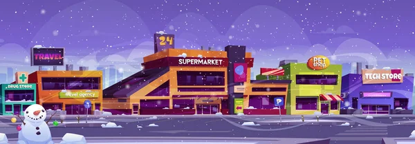 Winter supermarket parking near store building vector background. City shop exterior with falling snow weather on street. Car lot and road near hypermarket. Snowy cityscape illustration scene